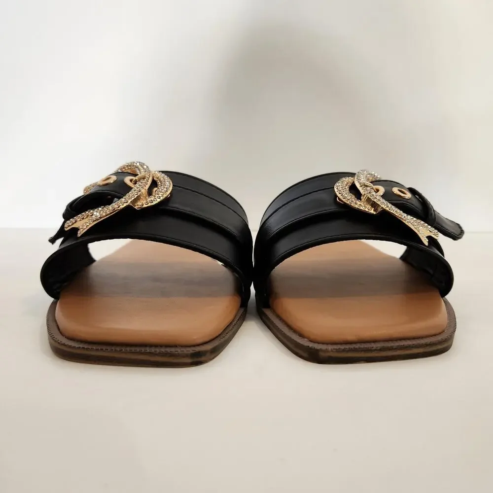 WILD DIVA LOUNGE Black Gold Faux Leather Crystal Embelished Buckle Womens 8.5